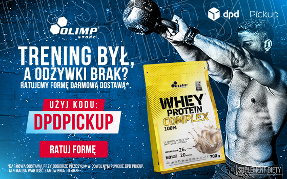 Olimp Banner Strefa Promocji DPD Umięśniony mężczyzna podnosi metalową kulę niebieskie tło