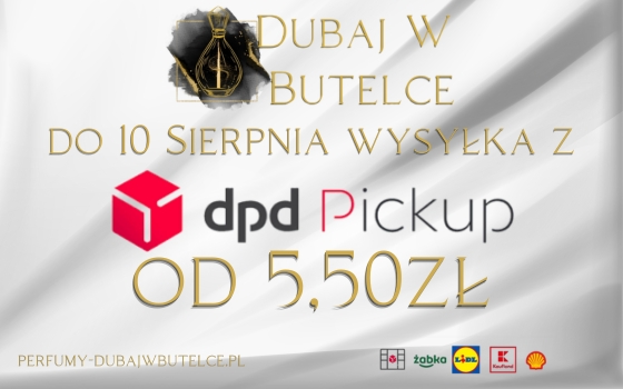 Logo Dubaj w Butelce i DPD Pickup na białym, falowanym tle do 10 sierpnia wysyłka od 5,50zł