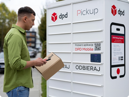 Mężczyzna nadaje paczkę w automacie paczkowym DPD Pickup