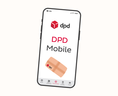 Banner DPD Mobile Telefon z aplikacją i paczki DPD w tle