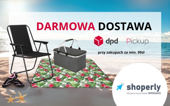 Shoperly banner Strefa Promocji DPD Koc krzesło lodówka na plaży i napis darmowa dostawa DPD Pickup przy zakupach minimum 99 zł i logo Shoperly