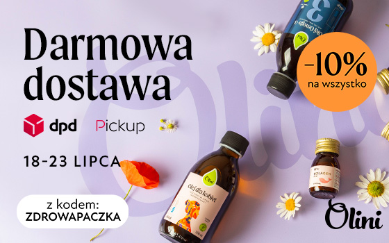 Olini Banner Strefa Promocji DPD butelki i kwiatki na fioletowym tle z logiem Olini