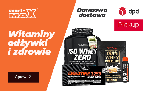 SportMax banner strefa promocji DPD odżywki i białko na biało pomarańczowym tle