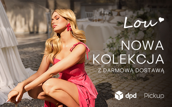 Lou.pl Banner Sterfa Promocji DPD Kobieta w różowej sukience kuca nowa kolekcja z darmową dostawą