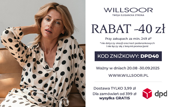 Wilsoor banner Strefa Promocji DPD z lewej kobieta w białej sukience w czarne kropki
