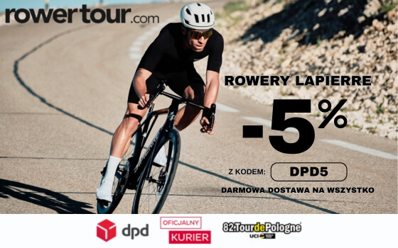 Rower Banner Strefa Promocji DPD Rowerzysta zjeżdżający po stromej górze w kasku i stroju