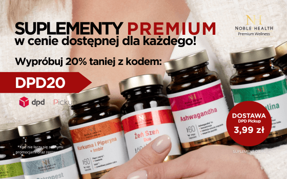 NobleHealth Banner Strefa Promocji DPD Kobieta trzyma słoiki z suplementami