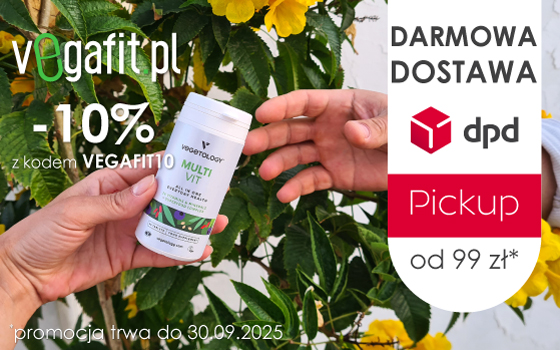 Vegafit Banner Strefa Promocji DPD ręce sobie podają suplementy na tle roślin