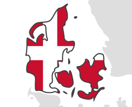 Dania - obrys państwa na mapie pokolorowany jego flagą