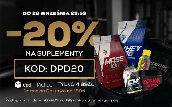 Trec Banner Strefa Promocji DPD odżywki i suplementy na ciemnym tle