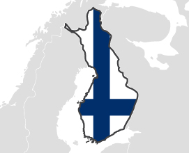 Finlandia - obrys państwa na mapie pokolorowany jego flagą
