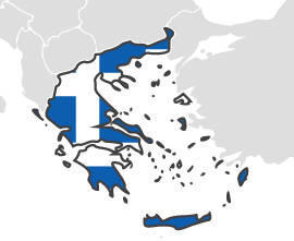 Grecja - obrys państwa na mapie pokolorowany jego flagą