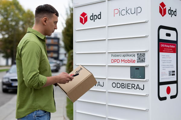 Mężczyzna nadaje paczkę w automacie paczkowym DPD Pickup