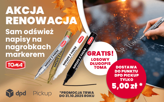 Toma Banner Strefa Promocji DPD Markery na złotym tle, pisanie na nagrobku