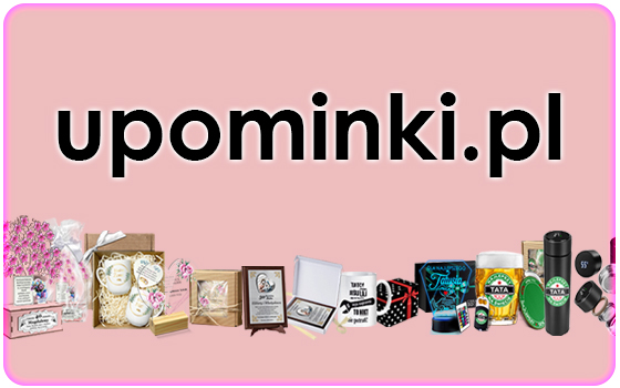 Upominki.pl Banner Strefa Promocji DPD napis upominki.pl na beżowym tle i na dole różne prezenty