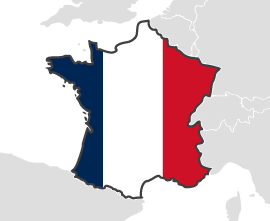 Francja - obrys państwa na mapie pokolorowany jego flagą