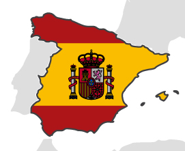 Hiszpania - obrys państwa na mapie pokolorowany jego flagą