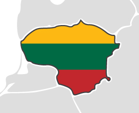 Litwa - obrys państwa na mapie pokolorowany jego flagą