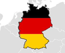 Niemcy - obrys państwa na mapie pokolorowany jego flagą