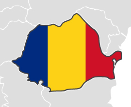 Rumunia - obrys państwa na mapie pokolorowany jego flagą