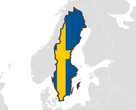 Szwecja - - obrys państwa na mapie pokolorowany jego flagą