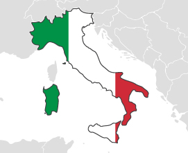 Włochy - obrys państwa na mapie pokolorowany jego flagą