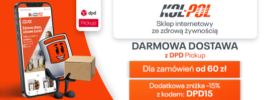 KolPol banner pod rotatorem strona główna dpd pomarańczowa postać kreskówkowa trzyma paczkę