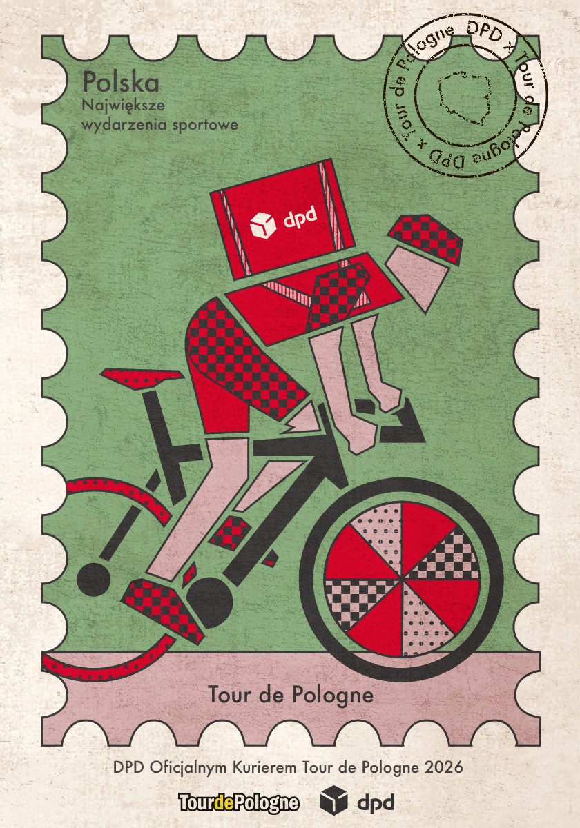 Praca na konkurs Aleksandry Okonek - rysunkowy kurier DPD Na rowerze w stylu znaczka pocztowego