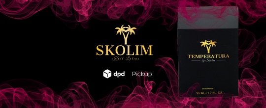 Logo Skolim DPD Pickup, czarne pudełko perfum Temperatura wokół bordowe opary dymu na czarnym tle