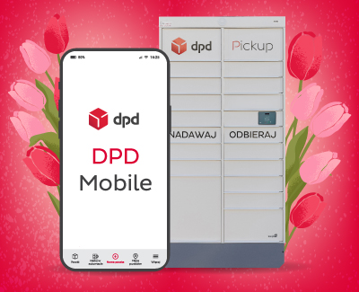 Smartphone with the DPD Mobile app next to a DPD Pickup locker, with red tulips in the background.