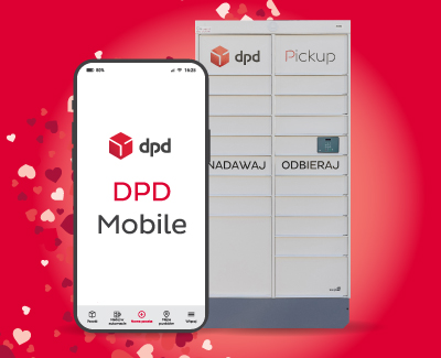 A phone with the DPD Mobile app and a silver DPD Pickup parcel locker on a red background with hearts