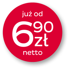 Czerwona okrągła etykieta z białym napisem: już od 6,90 zł netto