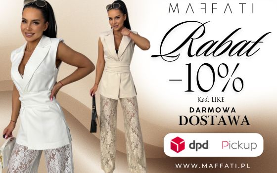 Reklama Maffati z trzema stylizacjami i informacją o rabacie –10% oraz darmowej dostawie DPD Pickup.