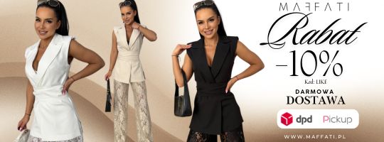 Reklama Maffati z trzema stylizacjami i informacją o rabacie –10% oraz darmowej dostawie DPD Pickup.