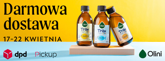 Darmowa dostwa 17-22 kwietnia Olini DPD Pickup 3 butelki tranu na żółtym tle