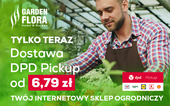 Baner reklamowy Garden Flora Home & Garden promujący dostawę DPD Pickup od 6,79 zł, z wizerunkiem osoby pracującej w szklarni przy roślinach oraz informacją „Tylko teraz – Twój internetowy sklep ogrodniczy”.