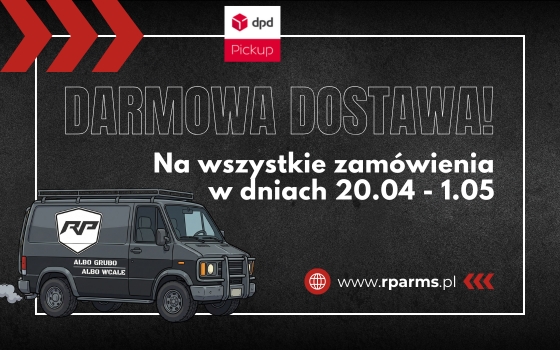 Baner promocyjny rparms.pl informujący o darmowej dostawie DPD Pickup na wszystkie zamówienia w dniach 20.04–1.05, z grafiką samochodu dostawczego i logo DPD