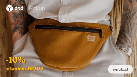 DPD Puckup Neurola.pl banner napis -10% z kodem DPD10 osoba w tatuażach ma na sobie brązową nerkę
