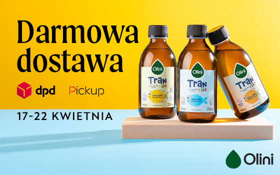 Darmowa dostwa 17-22 kwietnia Olini DPD Pickup 3 butelki tranu na żółtym tle