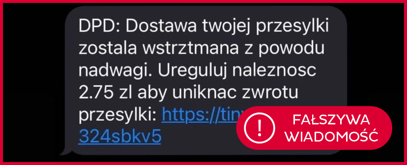 Fałszywy SMS podszywający się pod DPD z informacją o wstrzymaniu dostawy z powodu nadwagi przesyłki oraz prośbą o dopłatę 2,75 zł przez podejrzany link.