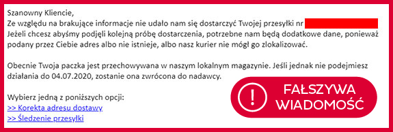 Fałszywy e-mail rzekomo wysłany przez firmę kurierską DPD, informujący o problemach z doręczeniem przesyłki i zawierający linki do korekty adresu lub śledzenia paczki.