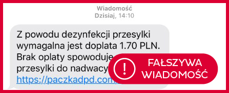 Fałszywy SMS o konieczności dopłaty 1,70 zł za dezynfekcję przesyłki, zawierający link do nieoficjalnej strony podszywającej się pod DPD.