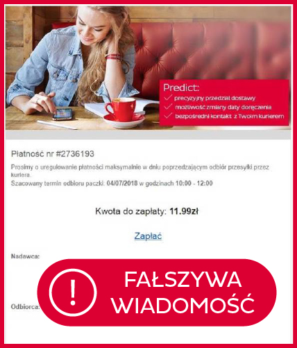 Fałszywa strona internetowa imitująca serwis firmy DPD z informacją o płatności za przesyłkę oraz kwotą do zapłaty 11,99 zł.