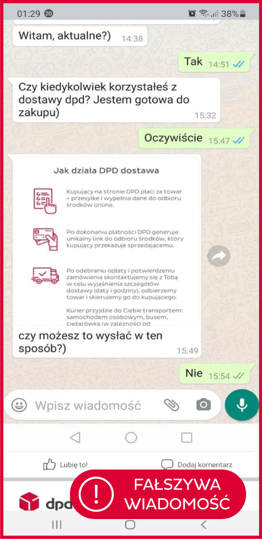 Zrzut ekranu rozmowy w komunikatorze, w której rozmówca próbuje nakłonić do skorzystania z fałszywej dostawy DPD, prezentując nieautentyczne instrukcje.