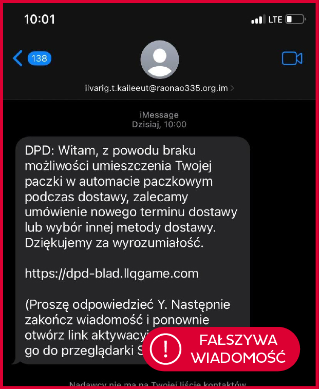 Fałszywy SMS podszywający się pod firmę kurierską DPD z informacją o problemie z dostawą do automatu paczkowego oraz linkiem prowadzącym do nieoficjalnej strony internetowej.