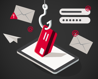 Ilustracja przedstawiająca zagrożenie phishingowe: smartfon z haczykiem, ikony e‑maili i komunikatów, użyta jako grafika na podstronie ostrzegającej przed fałszywymi wiadomościami.