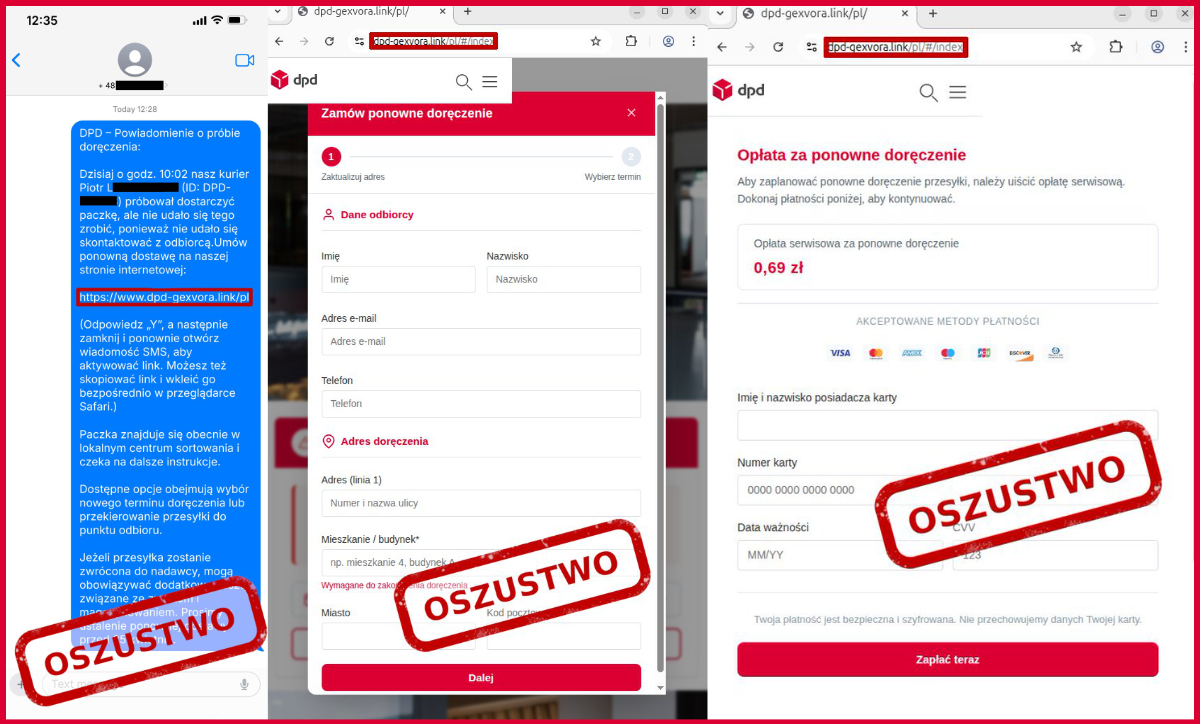 Zrzut ekranu przedstawiający trzy widoki związane z fałszywym powiadomieniem o doręczeniu DPD. Po lewej ekran telefonu z SMS‑em informującym o nieudanej próbie dostarczenia paczki oraz linkiem do strony internetowej z adresem „dpd‑gexvora.link”. W centrum formularz internetowy stylizowany na stronę DPD z tytułem „Zamów ponowne doręczenie”, polami na dane odbiorcy i adres dostawy. Po prawej ekran płatności z informacją o opłacie 0,69 zł za ponowne doręczenie oraz polami do wpisania danych karty płatniczej. Na wszystkich trzech widokach widoczny czerwony stempel z napisem „OSZUSTWO”.