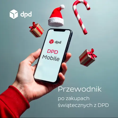 Przewodnik po zakupach świątecznych z DPD, męska ręka trzyma telefon z aplikacją DPD Mobile
