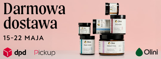 Darmowa dostawa DPD Pickup 15-22 maja Olini słoiki z produktami Olini na różowym tle