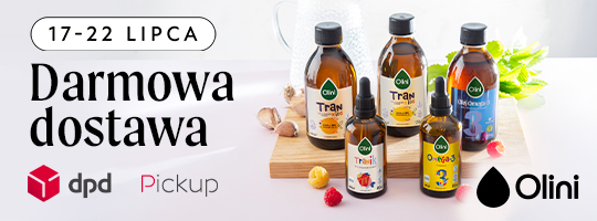 Olini banner 17-22 lipca darmowa dostawa do DPD Pickup. Produkty Olini stoją na drewnianej desce